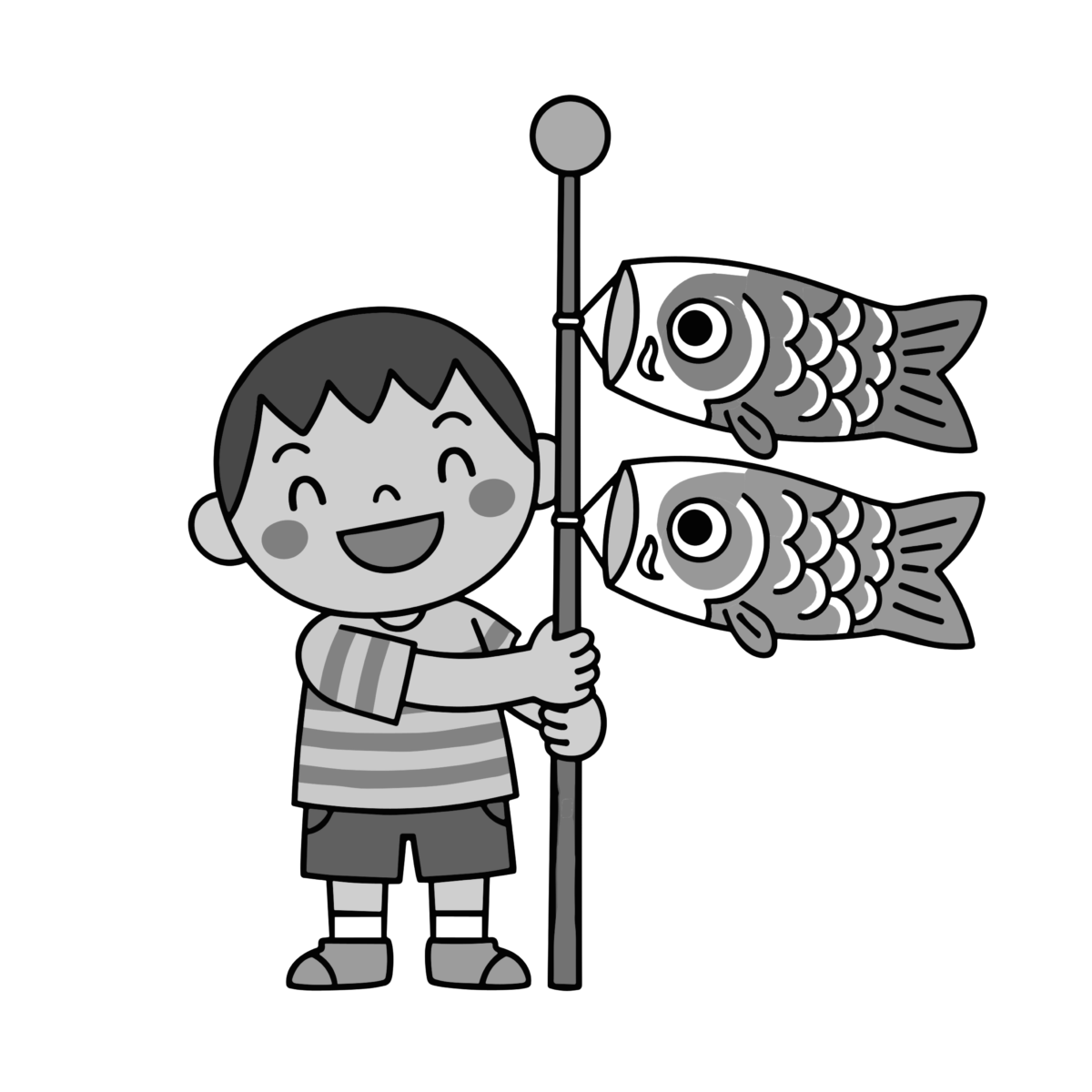 こいのぼりを持つ男の子のイラスト無料ダウンロード（モノクロ）