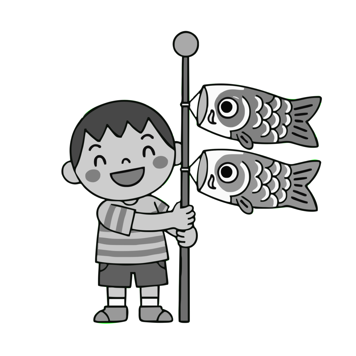 こいのぼりを持つ男の子のイラスト無料ダウンロード(モノクロ)