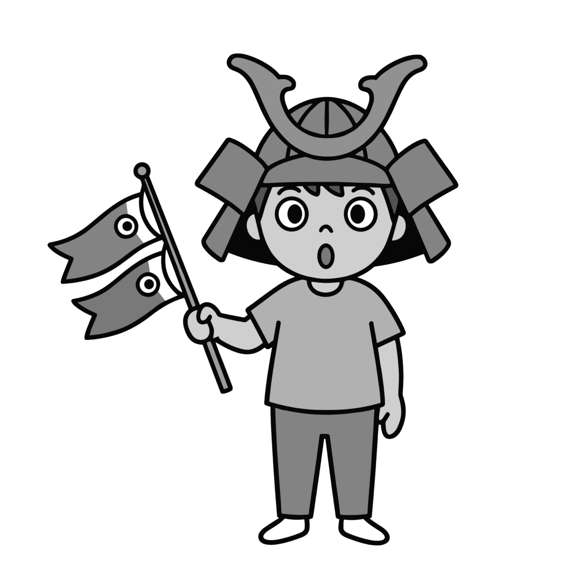 驚きの表情をした青いかぶとの男の子と鯉のぼりのイラスト無料ダウンロード（モノクロ）