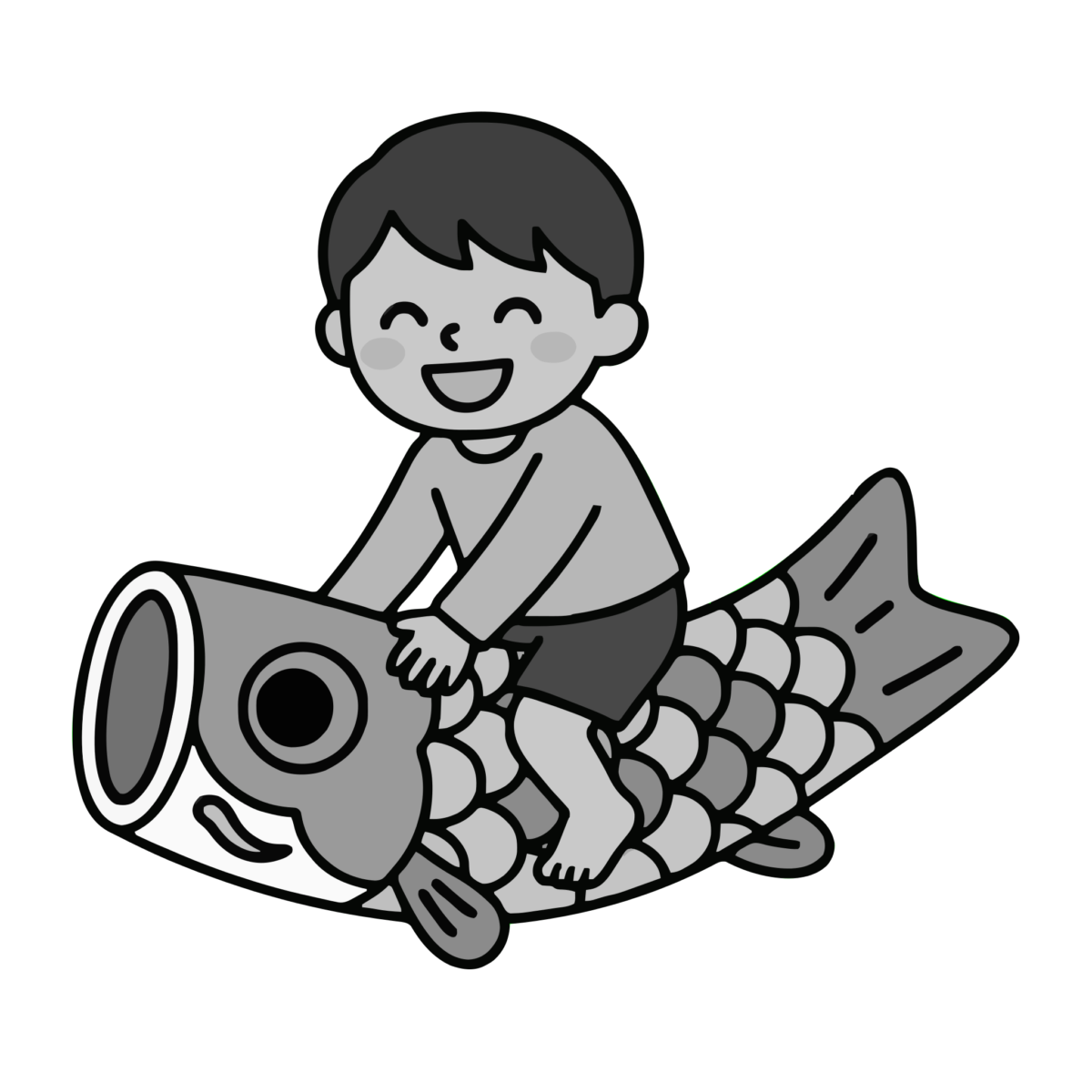 こいのぼりに乗る男の子のイラスト無料ダウンロード(モノクロ)