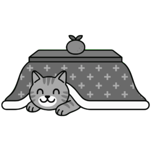 こたつでくつろぐ猫のイラスト無料ダウンロード（モノクロ）
