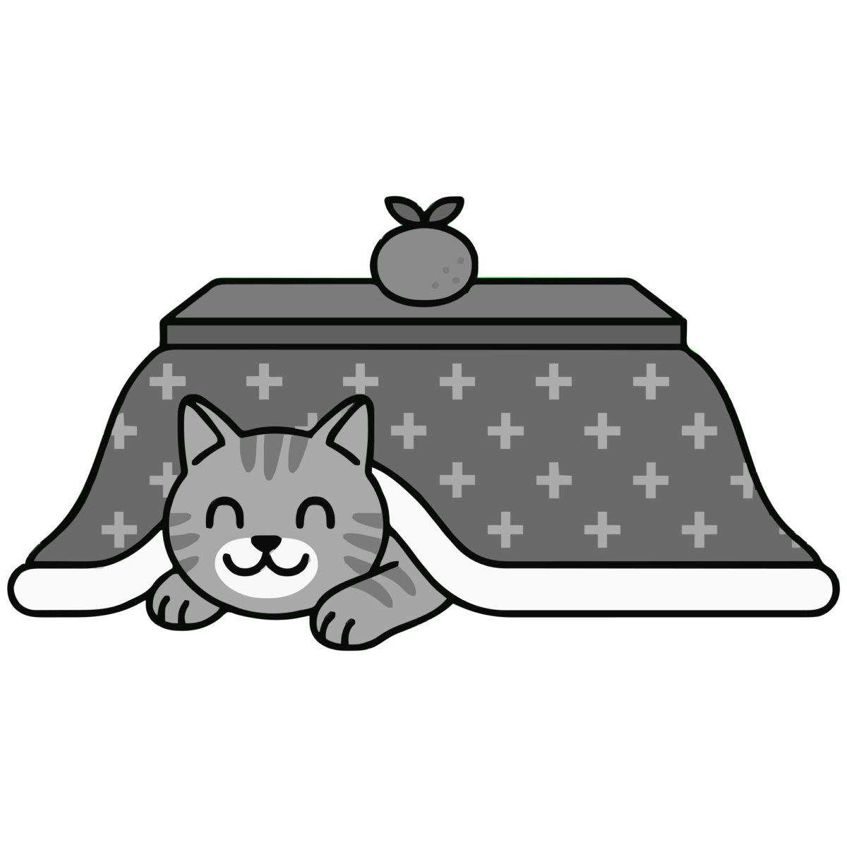 こたつでくつろぐ猫のイラスト無料ダウンロード(モノクロ)