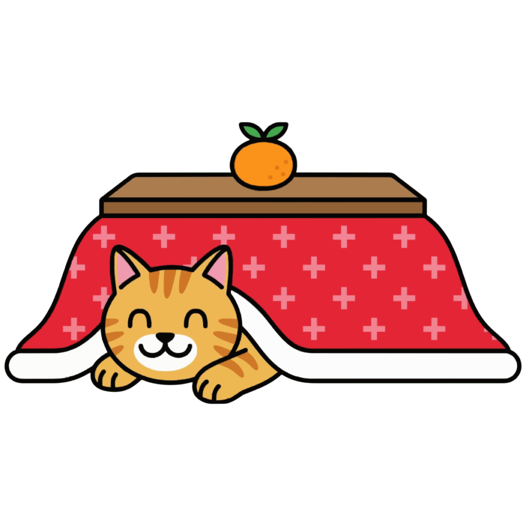こたつでくつろぐ猫のイラスト無料ダウンロード（カラー）
