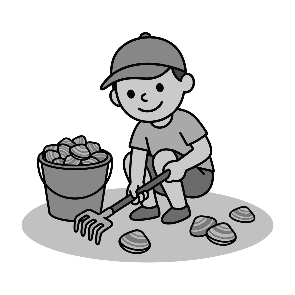 潮干狩りをする男の子のイラスト無料ダウンロード（モノクロ）