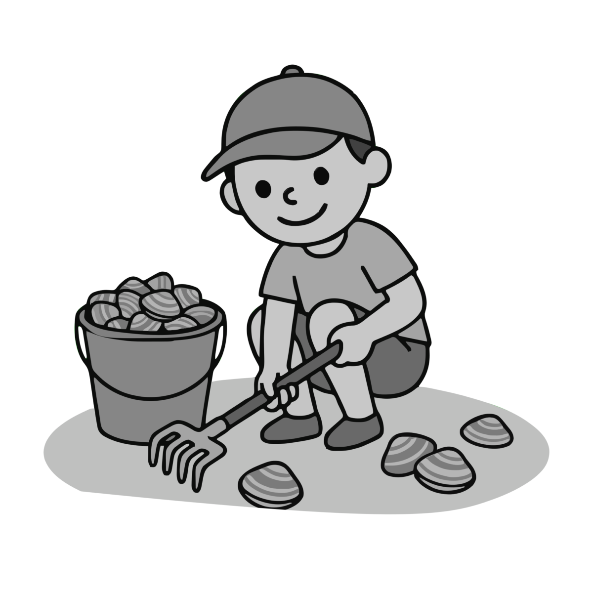 潮干狩りをする男の子のイラスト無料ダウンロード（モノクロ）