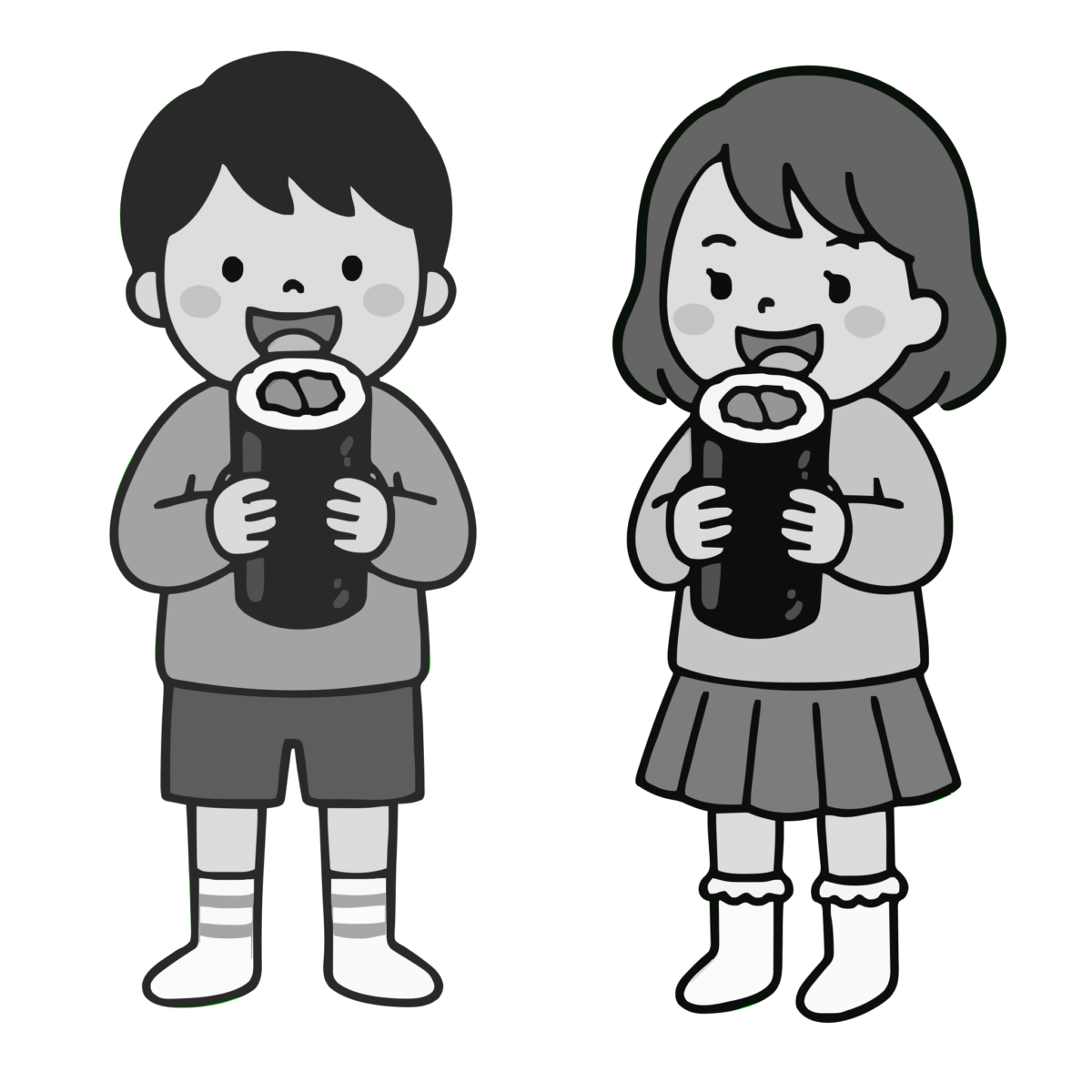 恵方巻きを食べている子どもたちのイラスト無料ダウンロード（モノクロ）