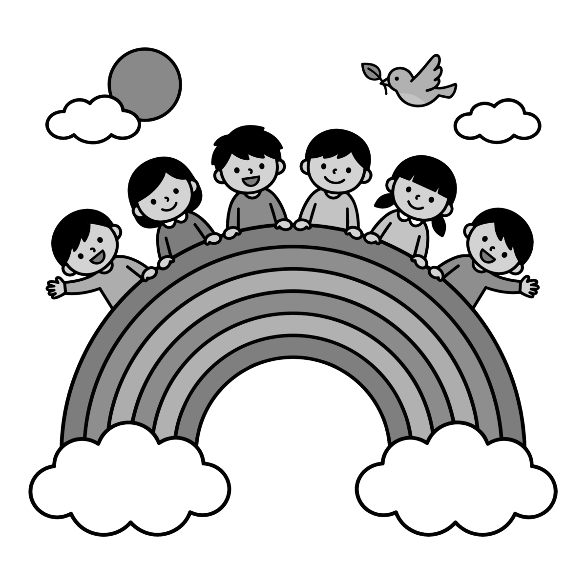 虹の上で笑う子どもたちのイラスト無料ダウンロード（モノクロ）
