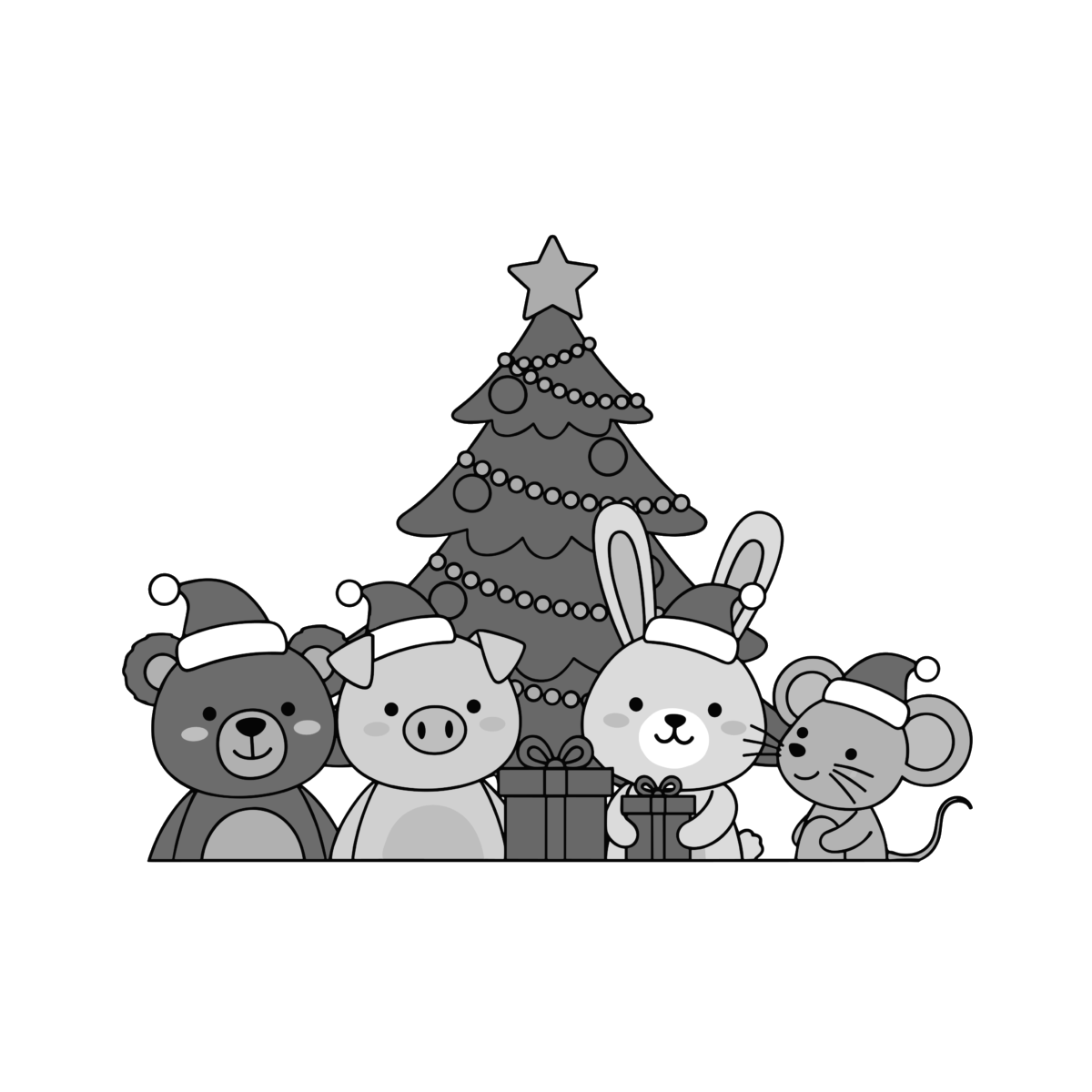クリスマスの動物のイラスト無料ダウンロード（モノクロ）