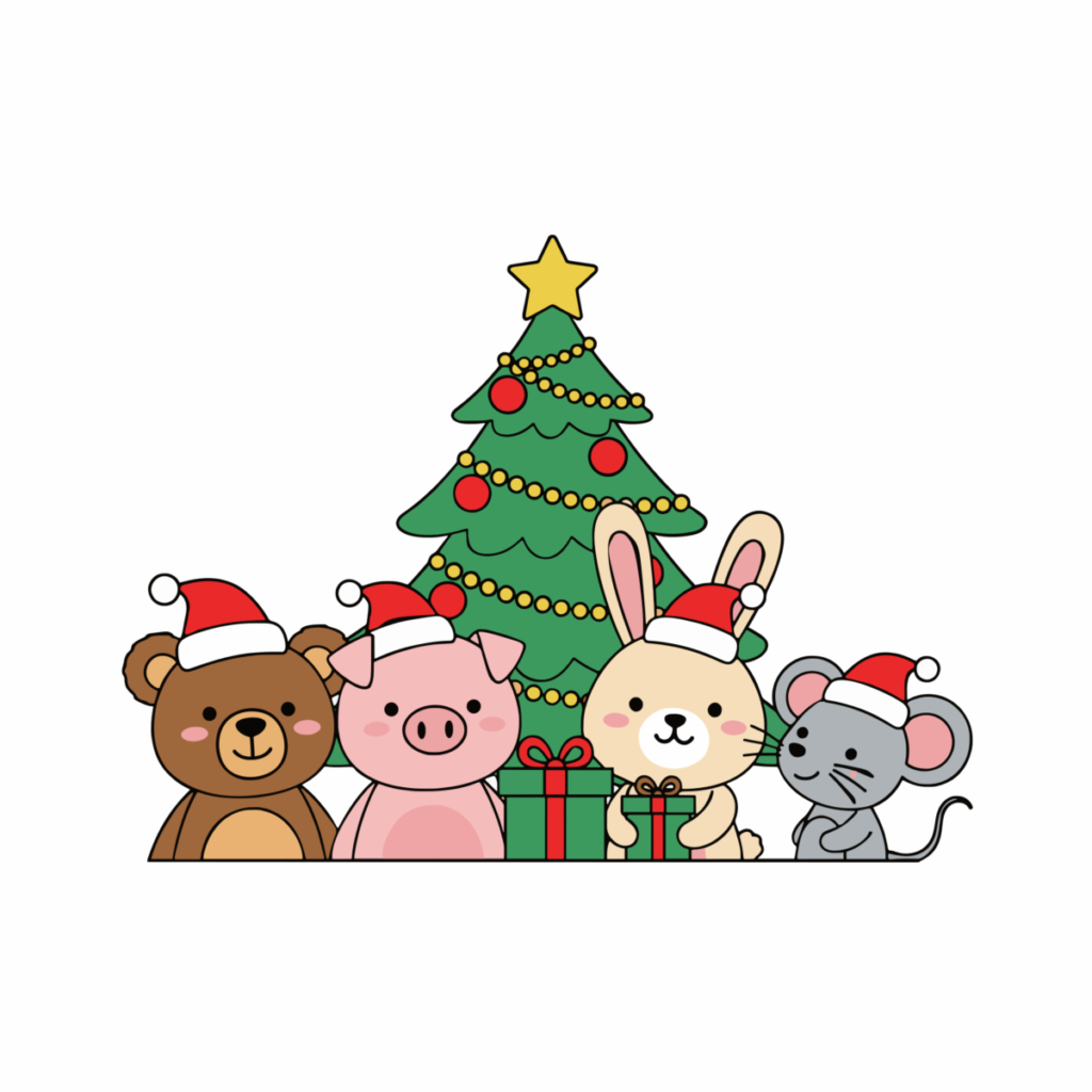 クリスマスの動物のイラスト無料ダウンロード（カラー）