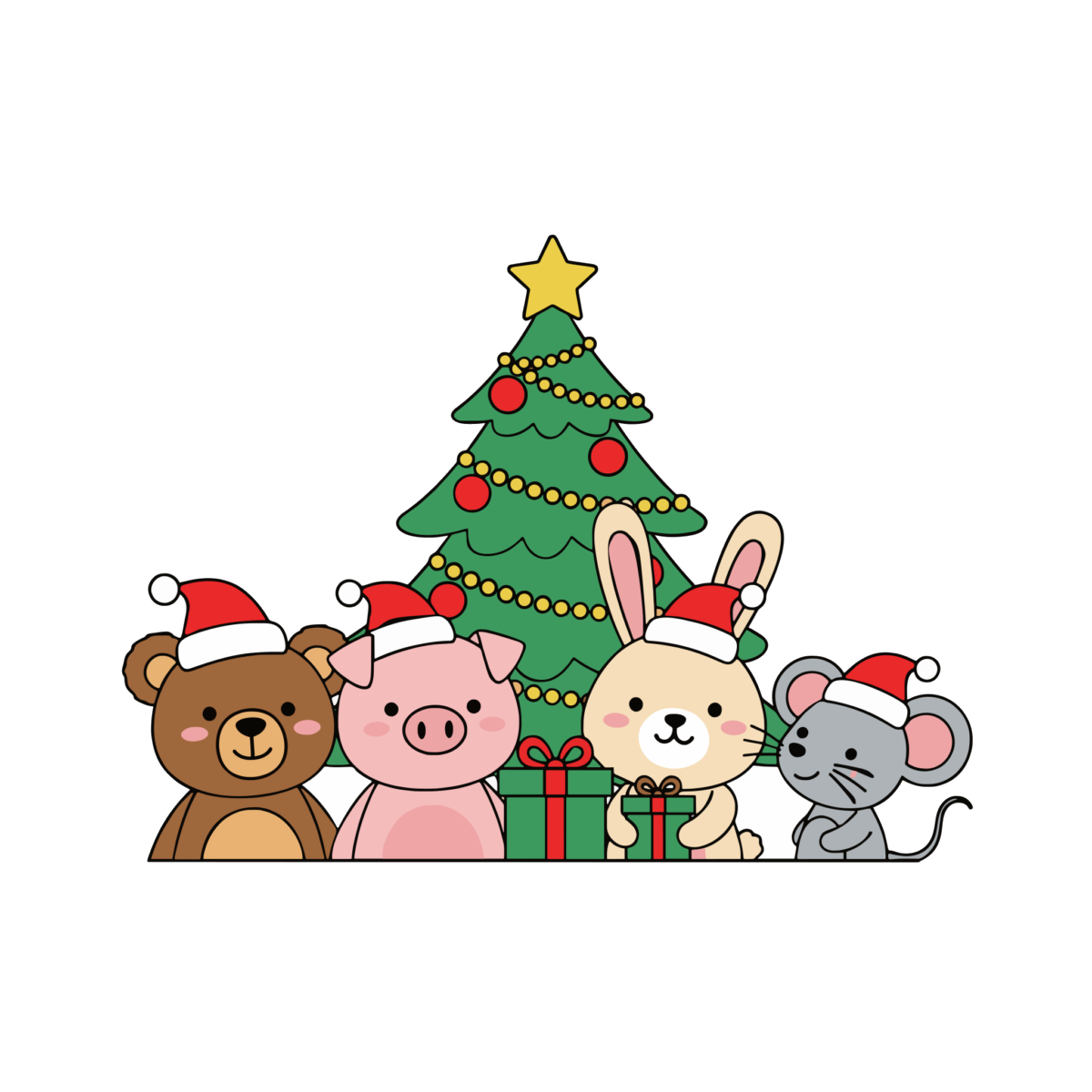 クリスマスの動物のイラスト無料ダウンロード（カラー）