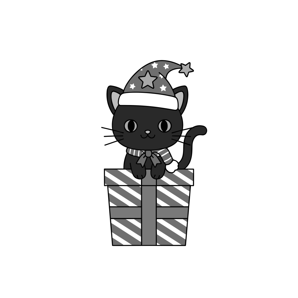 黒ねこのクリスマスのイラスト無料ダウンロード（モノクロ）