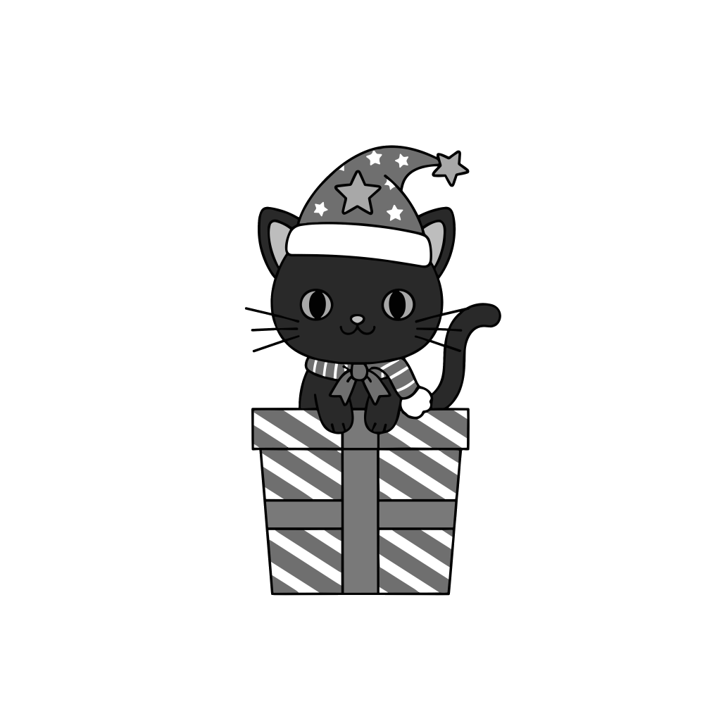黒ねこのクリスマスのイラスト無料ダウンロード(モノクロ)