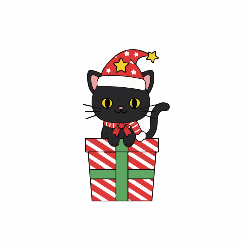 黒ねこのクリスマスのイラスト無料ダウンロード（カラー）
