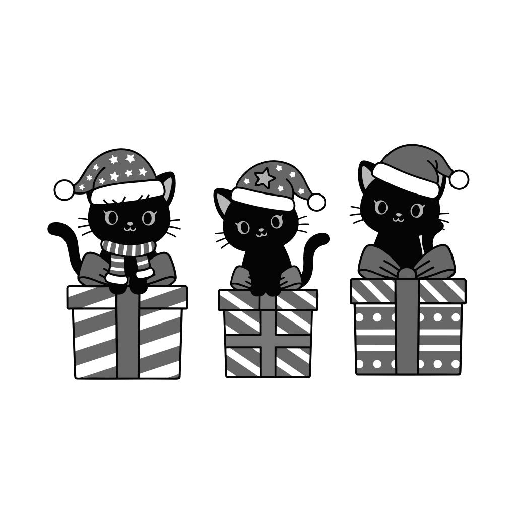 黒ねこたちのクリスマスのイラスト無料ダウンロード（モノクロ）