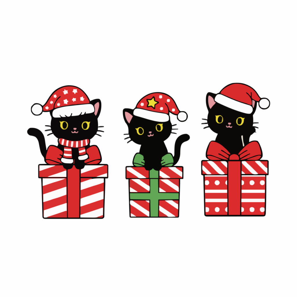 黒ねこたちのクリスマスのイラスト無料ダウンロード（カラー）