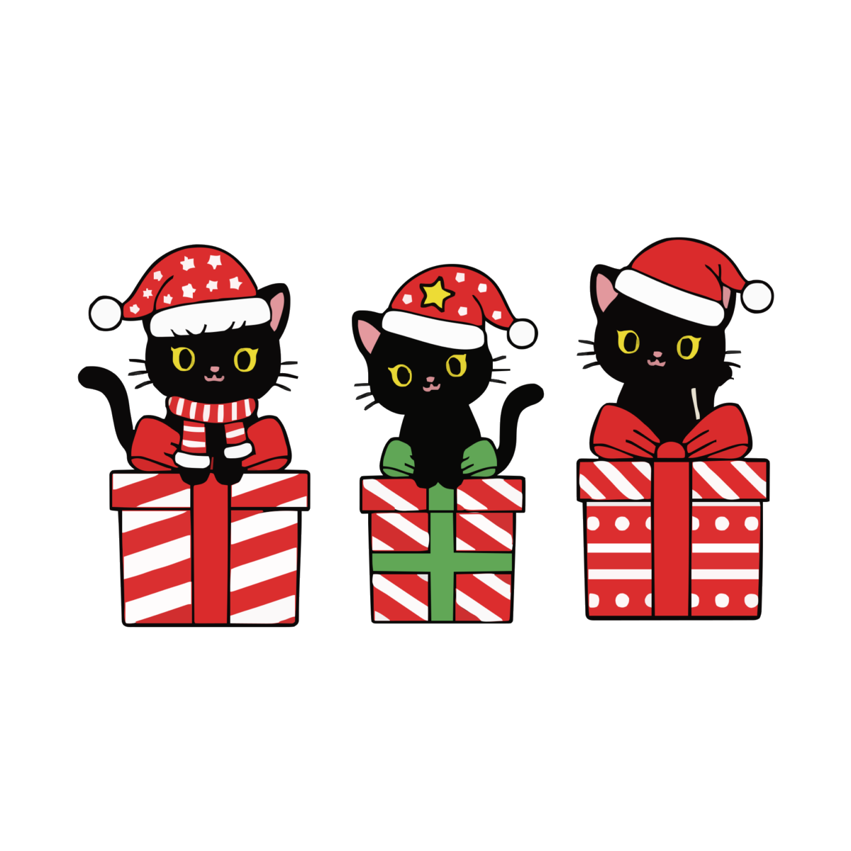 黒ねこたちのクリスマスのイラスト無料ダウンロード（カラー）