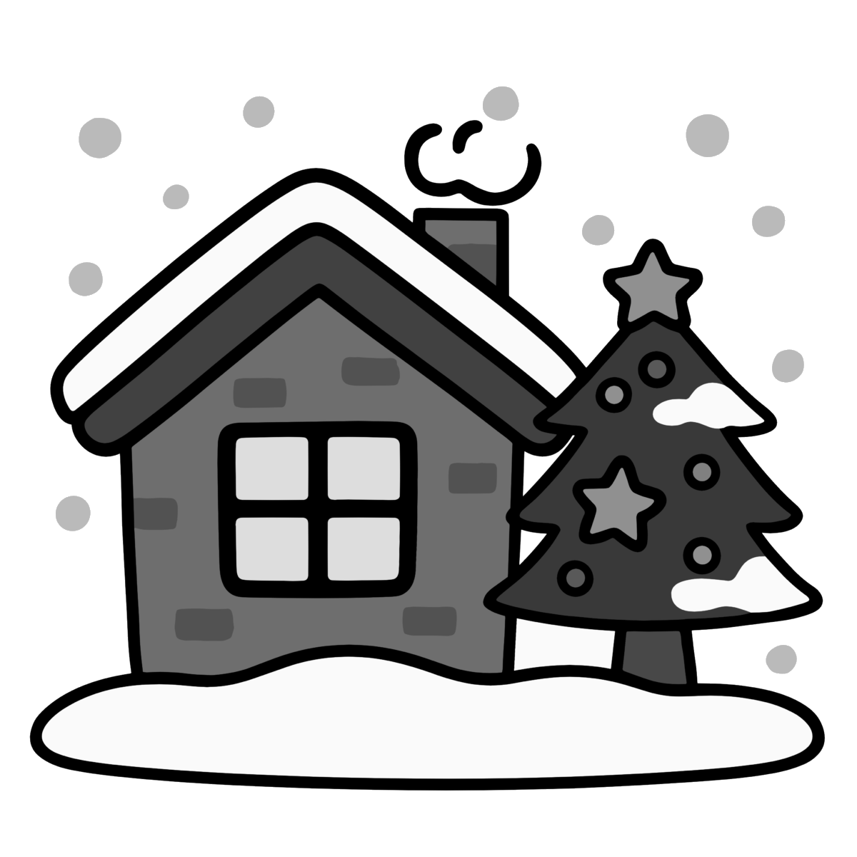 クリスマスの家とツリーのイラスト無料ダウンロード（モノクロ）