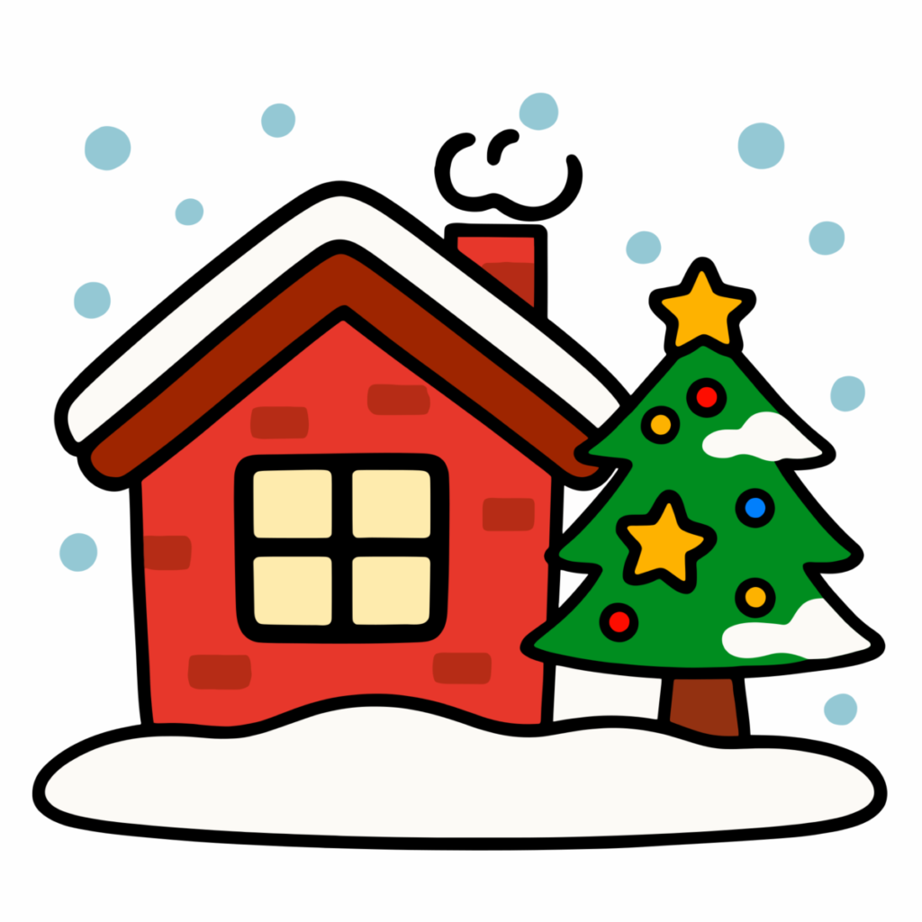 クリスマスの家とツリーのイラスト無料ダウンロード（カラー）