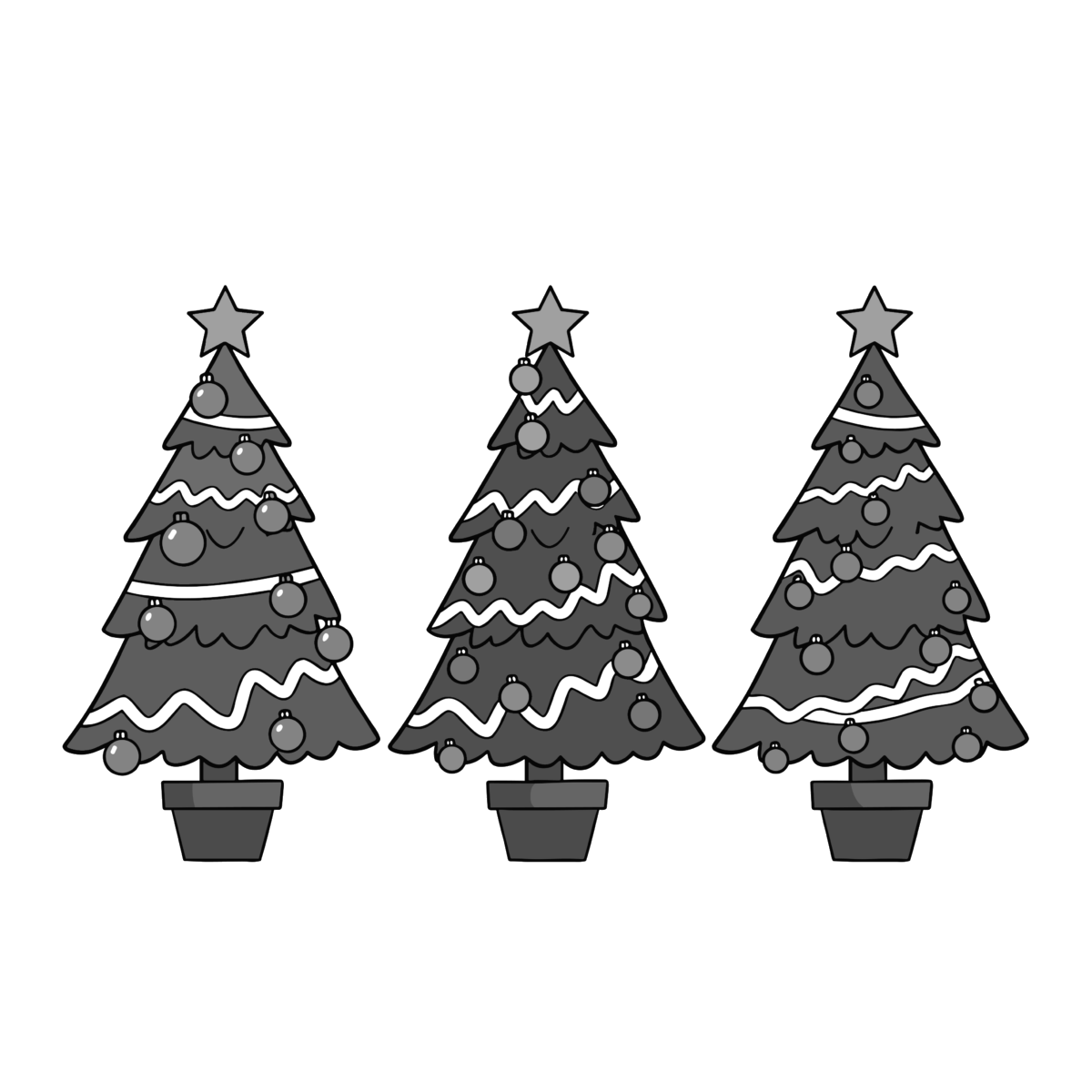クリスマスツリー（3本ならび）のイラスト無料ダウンロード（モノクロ）