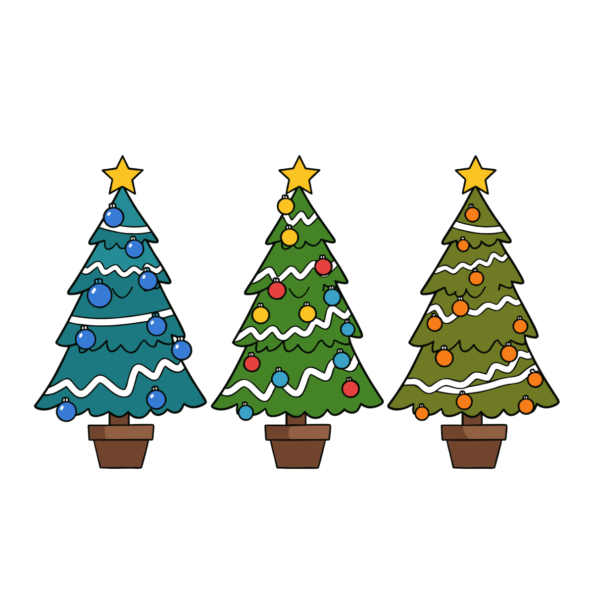 クリスマスツリー（3本ならび）のイラスト無料ダウンロード（カラー）