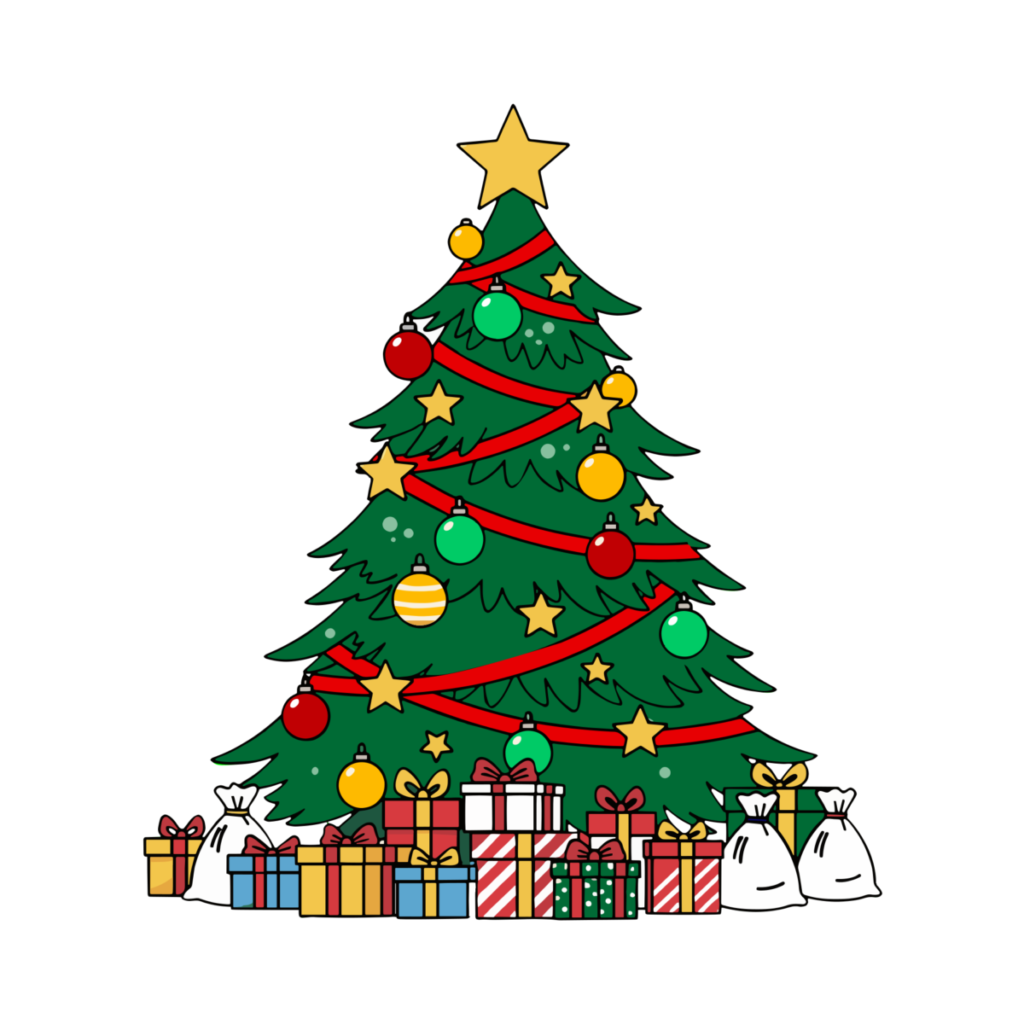 クリスマスツリー（プレゼントいっぱい）のイラスト無料ダウンロード（カラー）