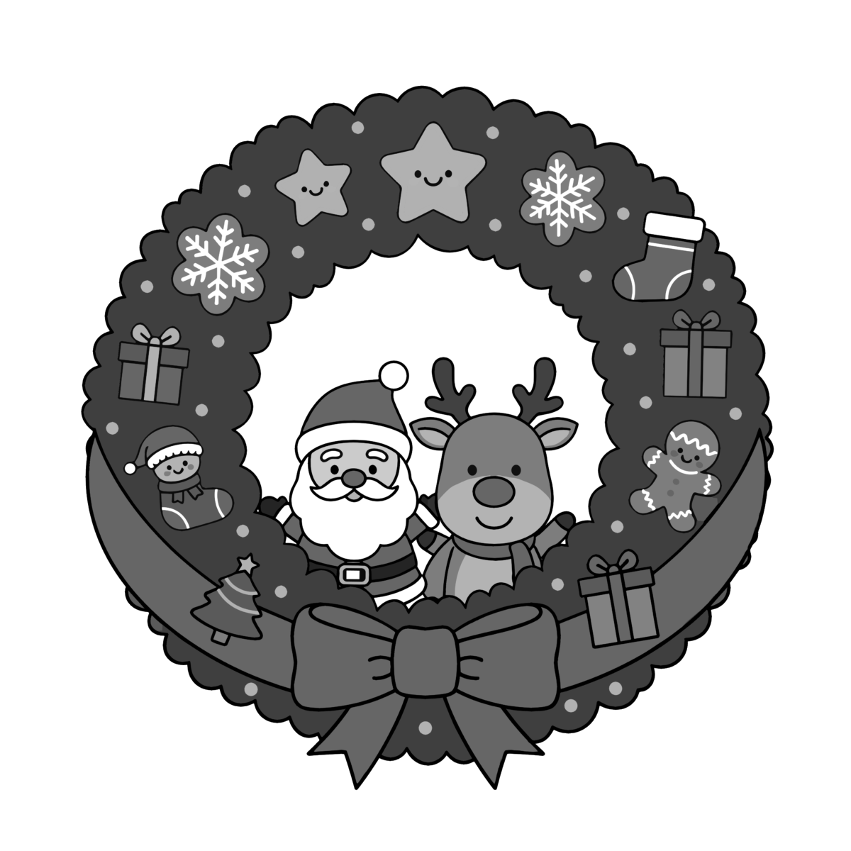 サンタとトナカイのクリスマスリースのイラスト無料ダウンロード（モノクロ）