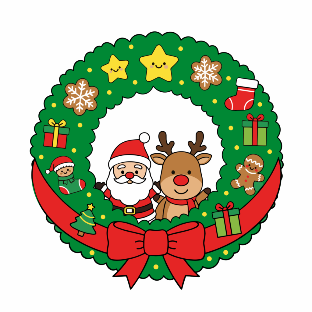 サンタとトナカイのクリスマスリースのイラスト無料ダウンロード（カラー）