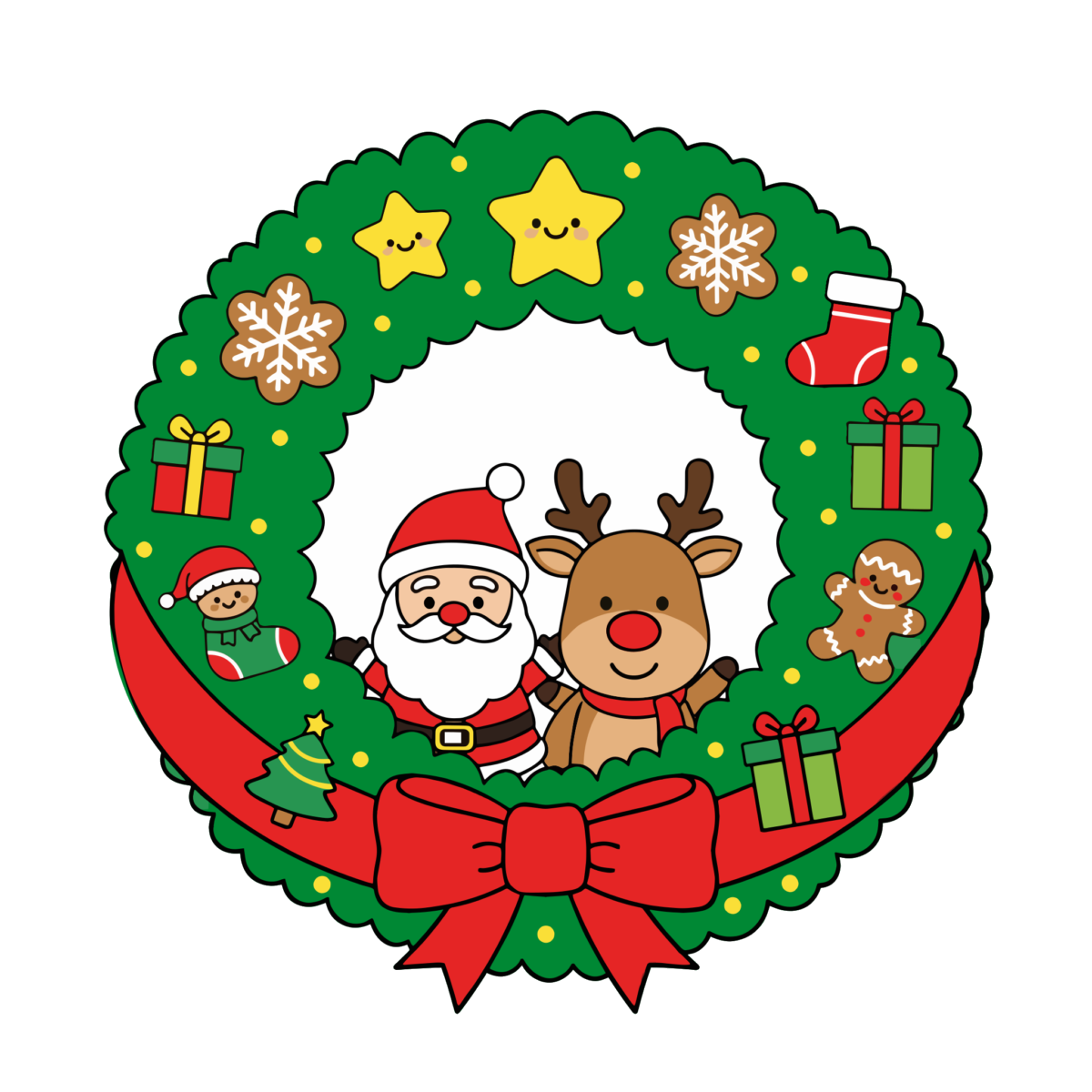 サンタとトナカイのクリスマスリースのイラスト無料ダウンロード（カラー）