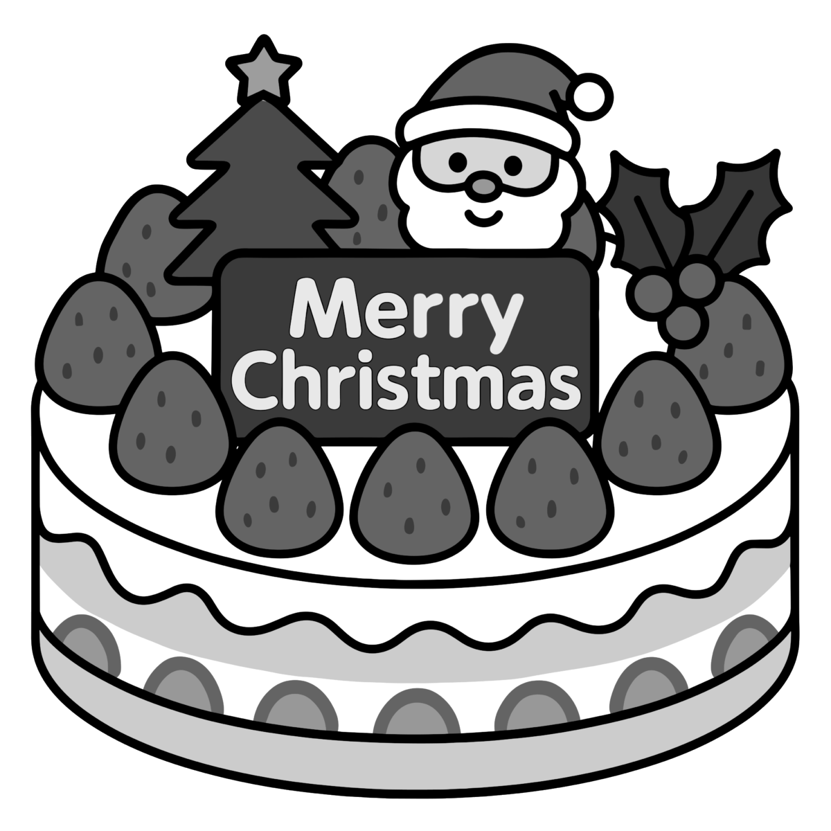 クリスマスケーキ（メッセージ入り）のイラスト無料ダウンロード（モノクロ）