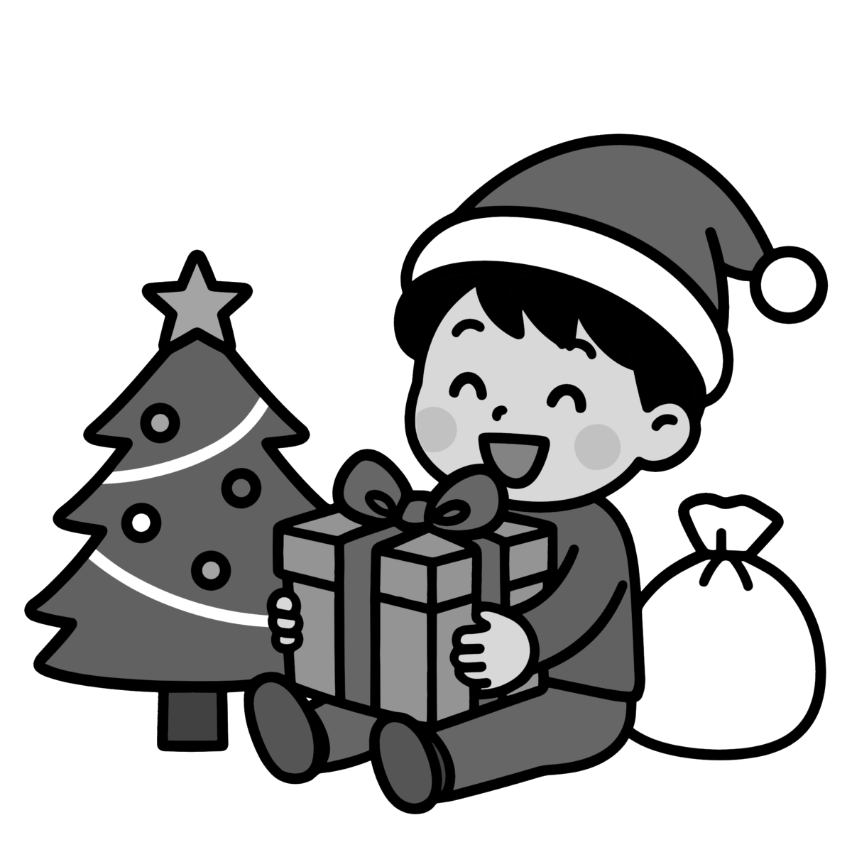 こどものクリスマスのイラスト無料ダウンロード（モノクロ）