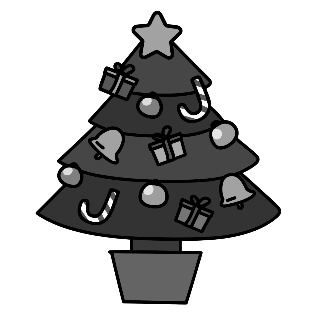 クリスマスツリー（飾りたっぷり）のイラスト無料ダウンロード（モノクロ）