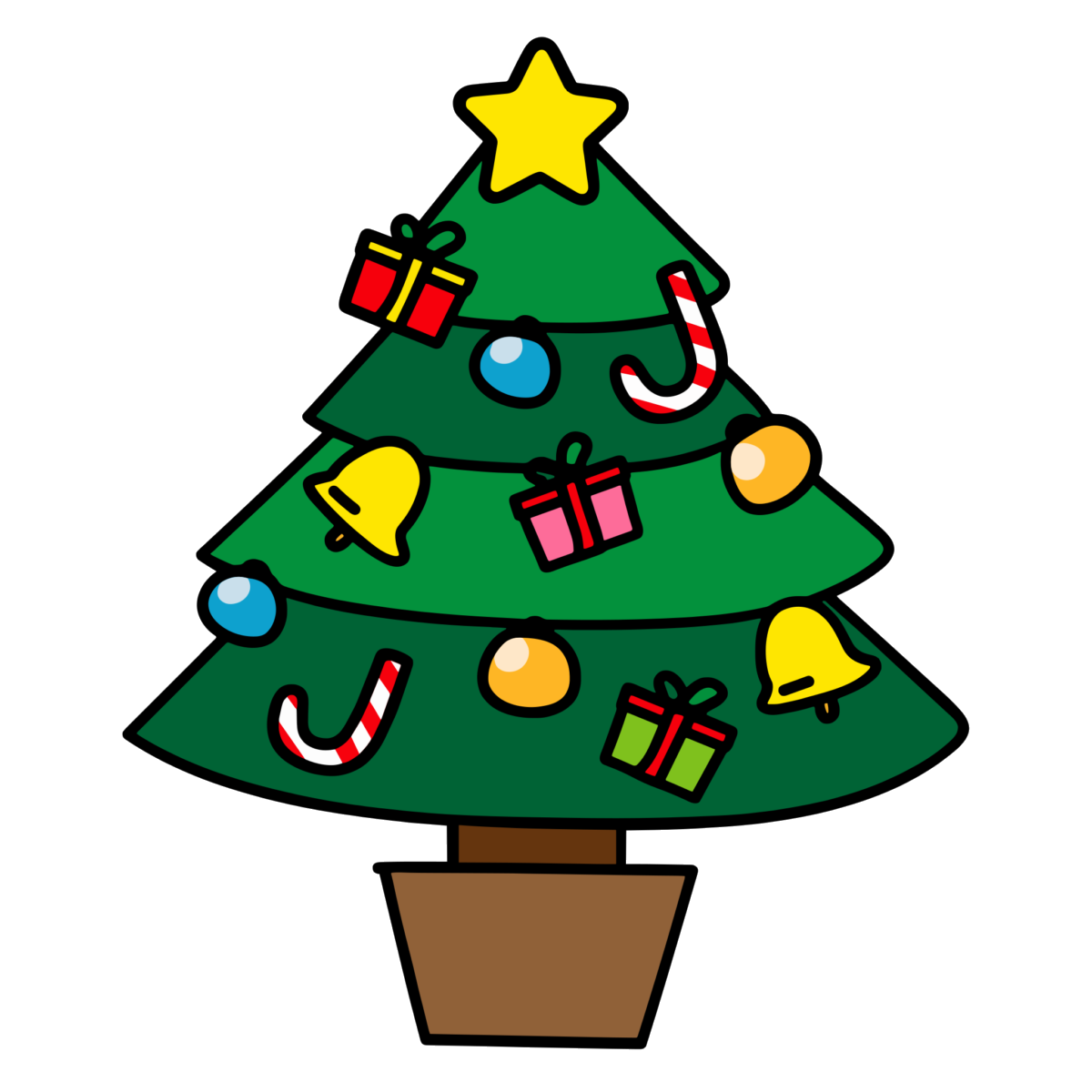 クリスマスツリー（飾りたっぷり）のイラスト無料ダウンロード（カラー）
