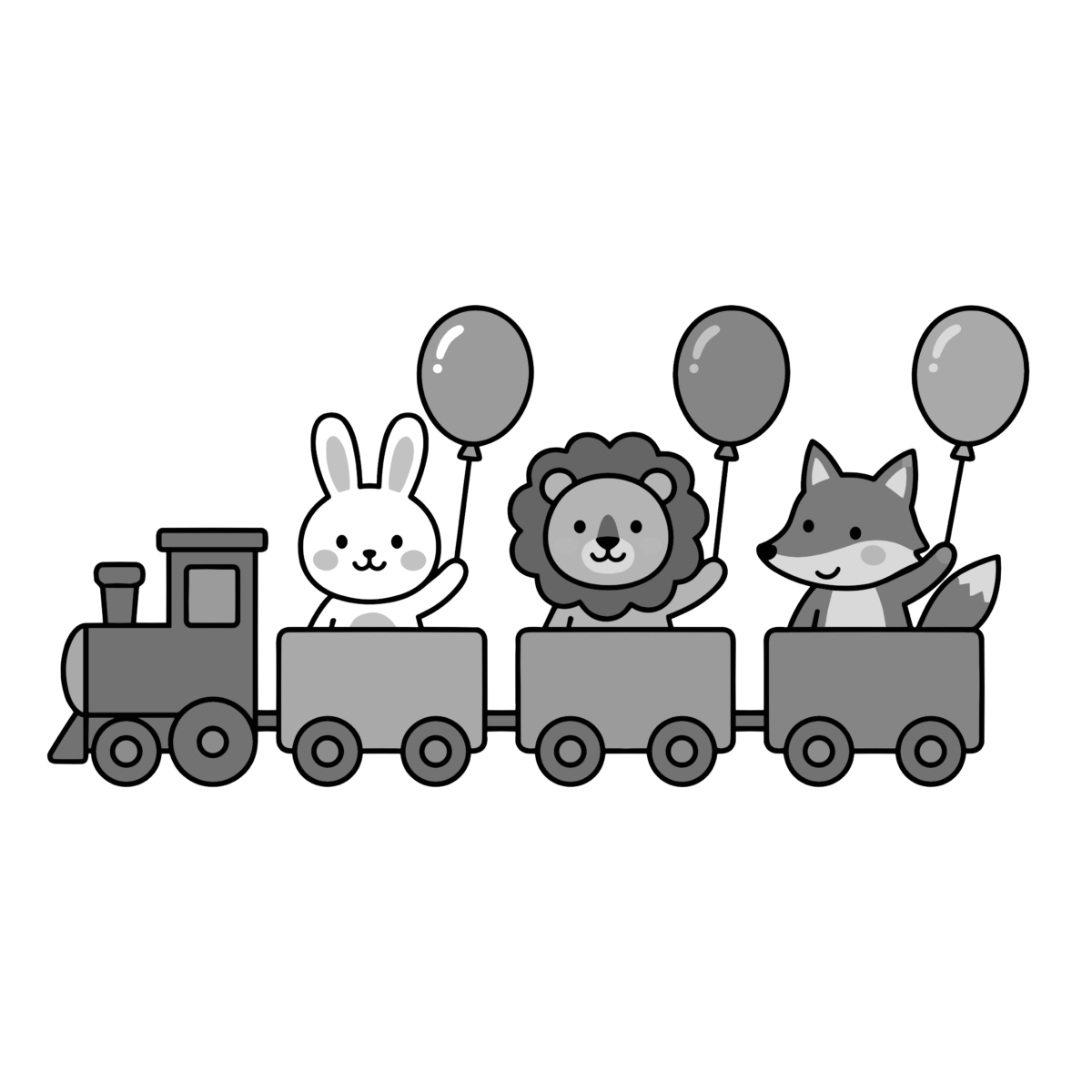 風船を持って汽車に乗る動物のイラスト無料ダウンロード（モノクロ）