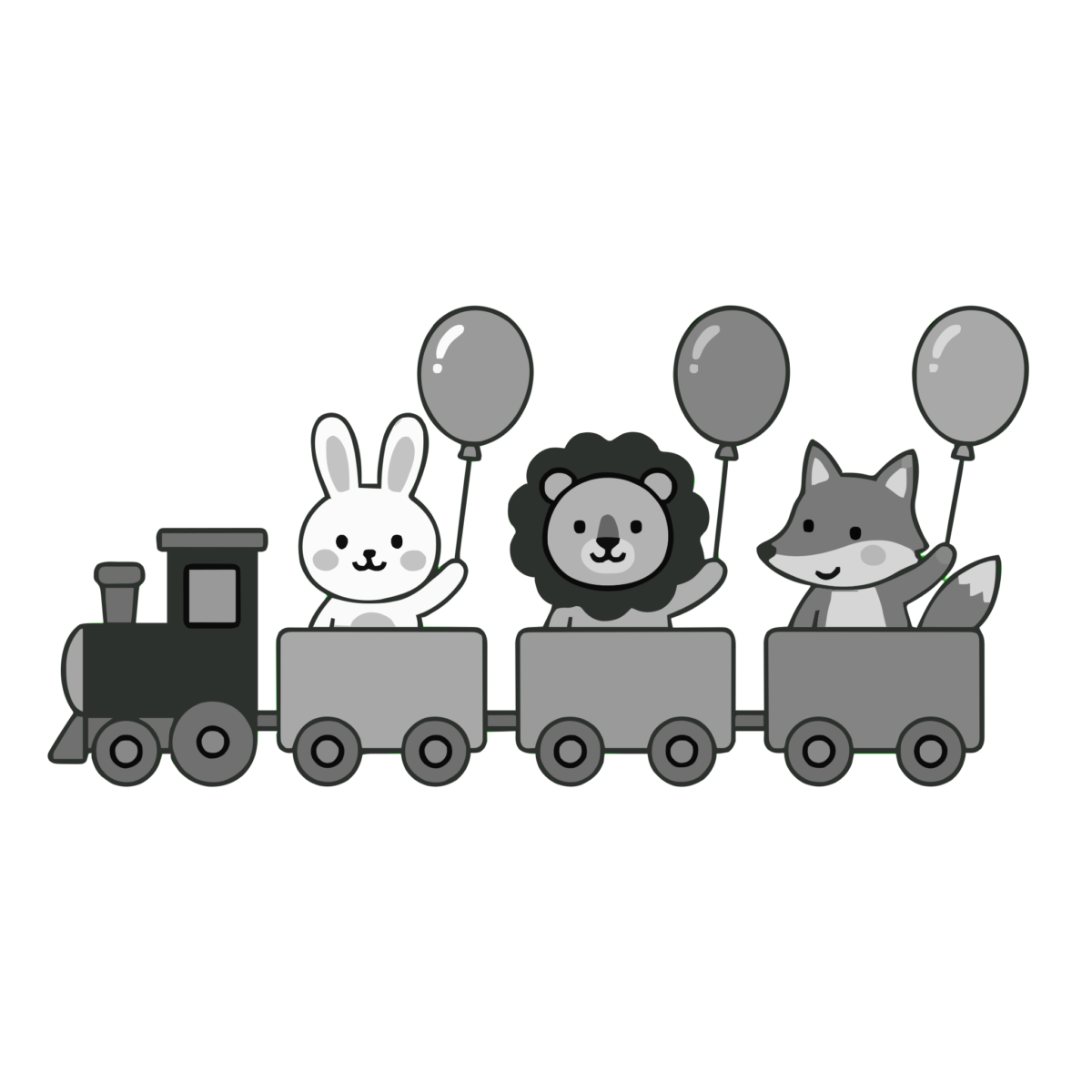 風船を持って汽車に乗る動物のイラスト無料ダウンロード(モノクロ)