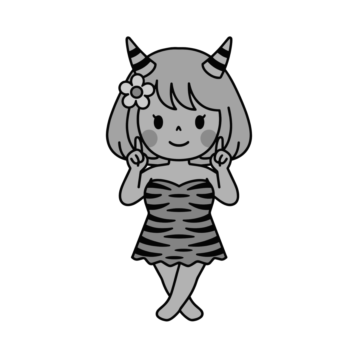 指を立てる女の子鬼のイラスト無料ダウンロード（モノクロ）