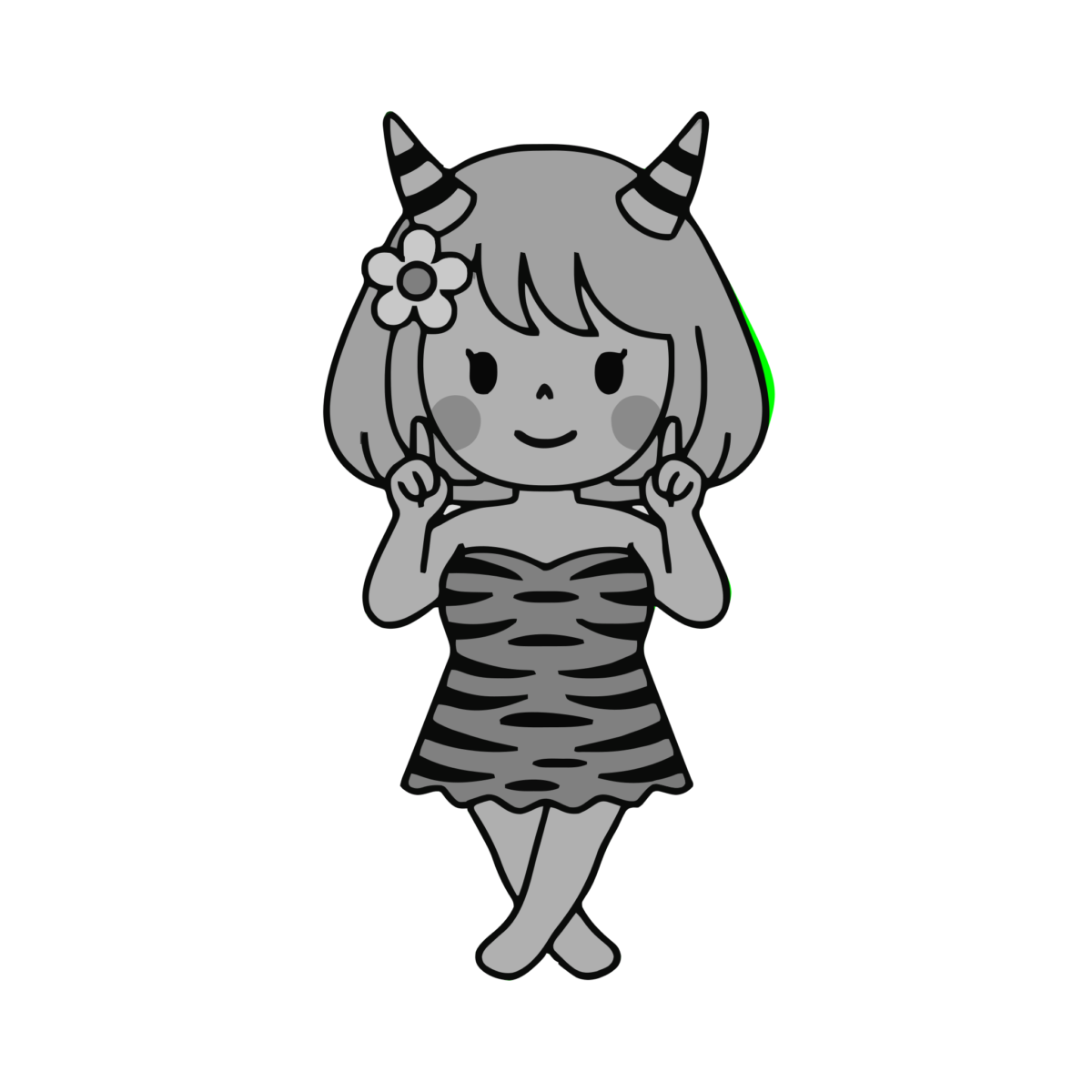 指を立てる女の子鬼のイラスト無料ダウンロード（モノクロ）