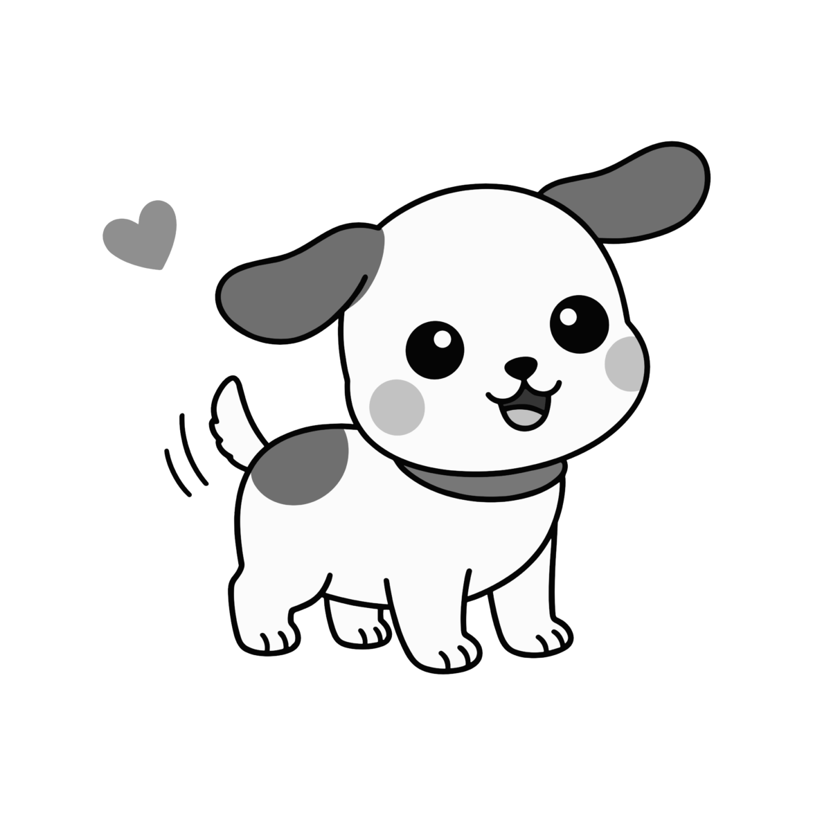 笑顔でしっぽを振る犬のイラスト無料ダウンロード（モノクロ）
