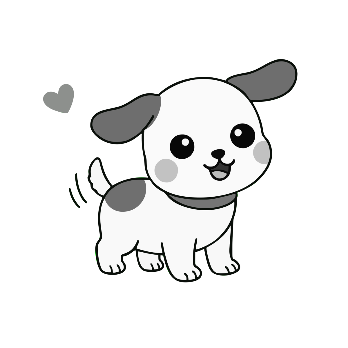 笑顔でしっぽを振る犬のイラスト無料ダウンロード（モノクロ）