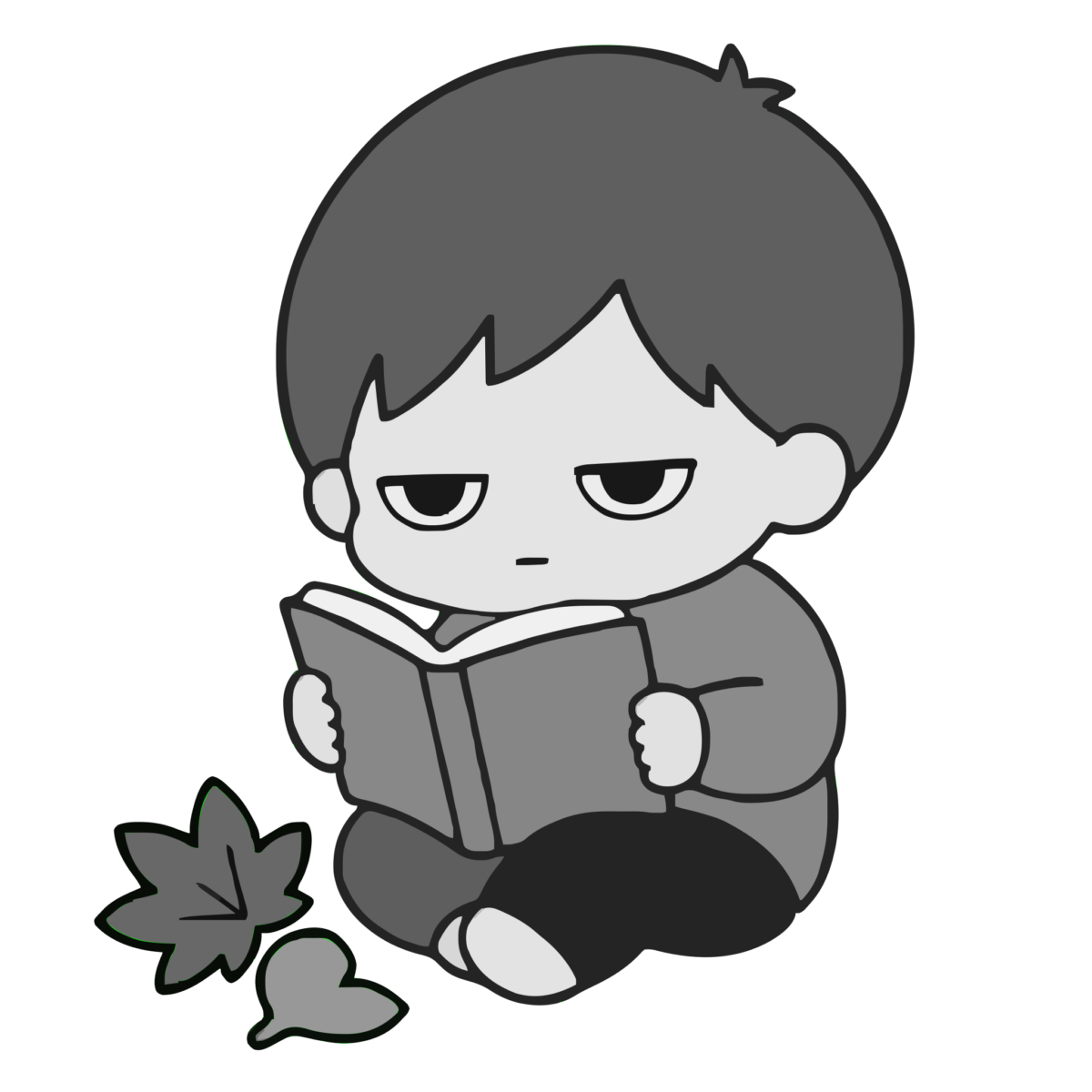 読書をする子どものかわいいイラスト（秋）（モノクロ）