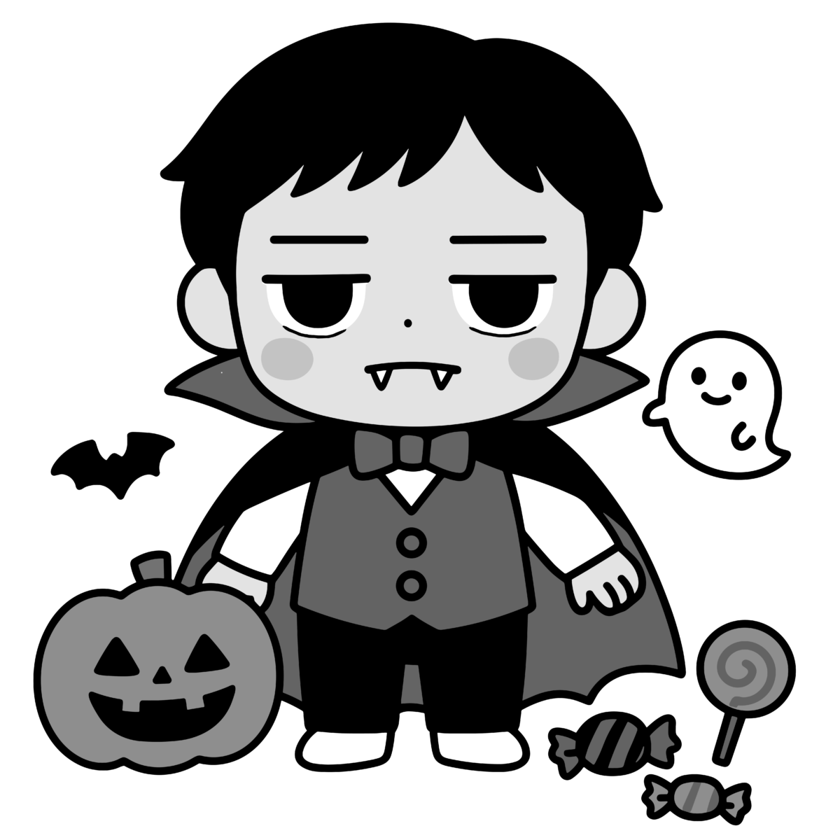 かわいい ドラキュラとかぼちゃ達のイラスト無料ダウンロード（モノクロ）