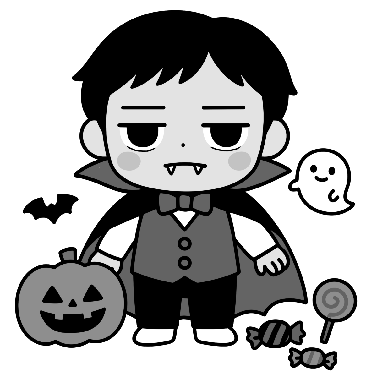 かわいい ドラキュラとかぼちゃ達のイラスト無料ダウンロード（モノクロ）