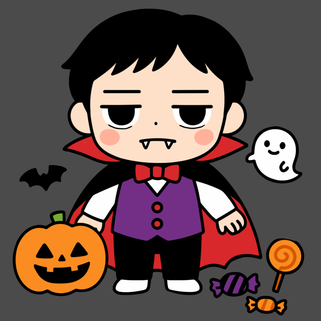 かわいい ドラキュラとかぼちゃ達のイラスト無料ダウンロード（カラー）
