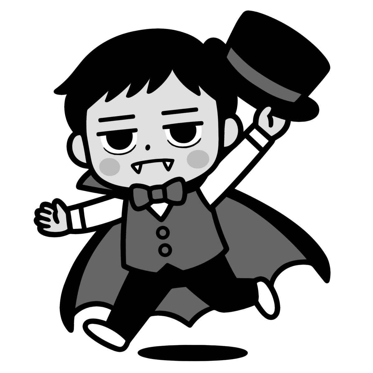 ドラキュラが帽子を掲げてジャンプしているのイラスト無料ダウンロード（モノクロ）
