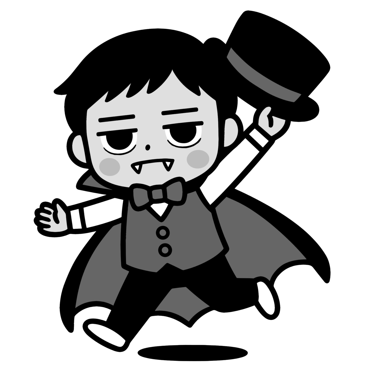 ドラキュラが帽子を掲げてジャンプしているのイラスト無料ダウンロード（モノクロ）