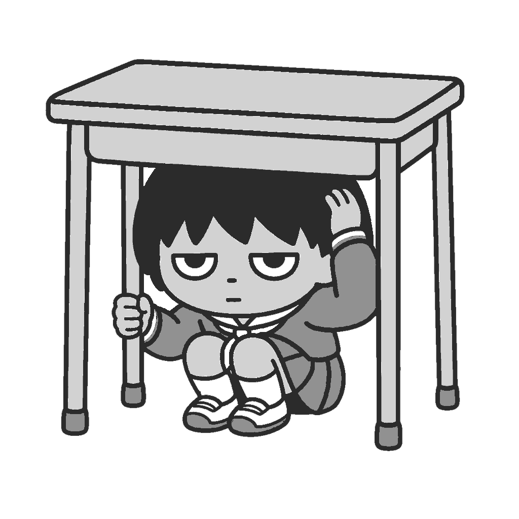 地震で机の下に隠れる子どものイラスト（モノクロ）