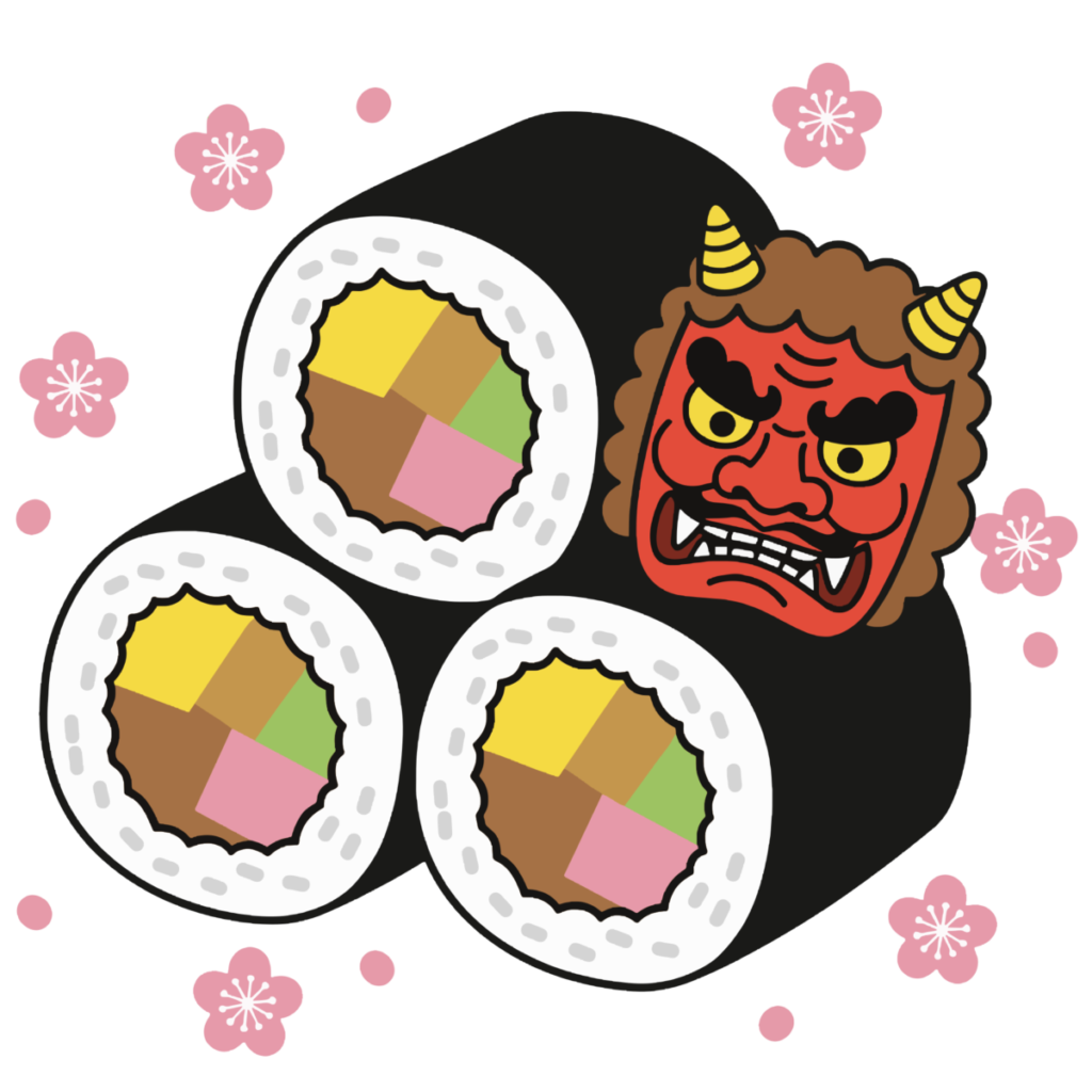 恵方巻と鬼のお面のイラスト無料ダウンロード（カラー）