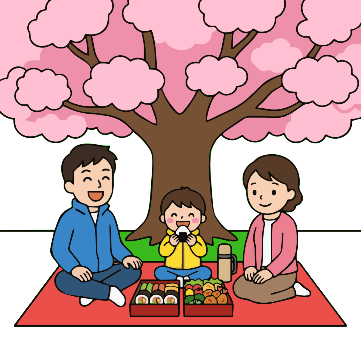 家族のお花見ピクニックのイラスト無料ダウンロード（カラー）