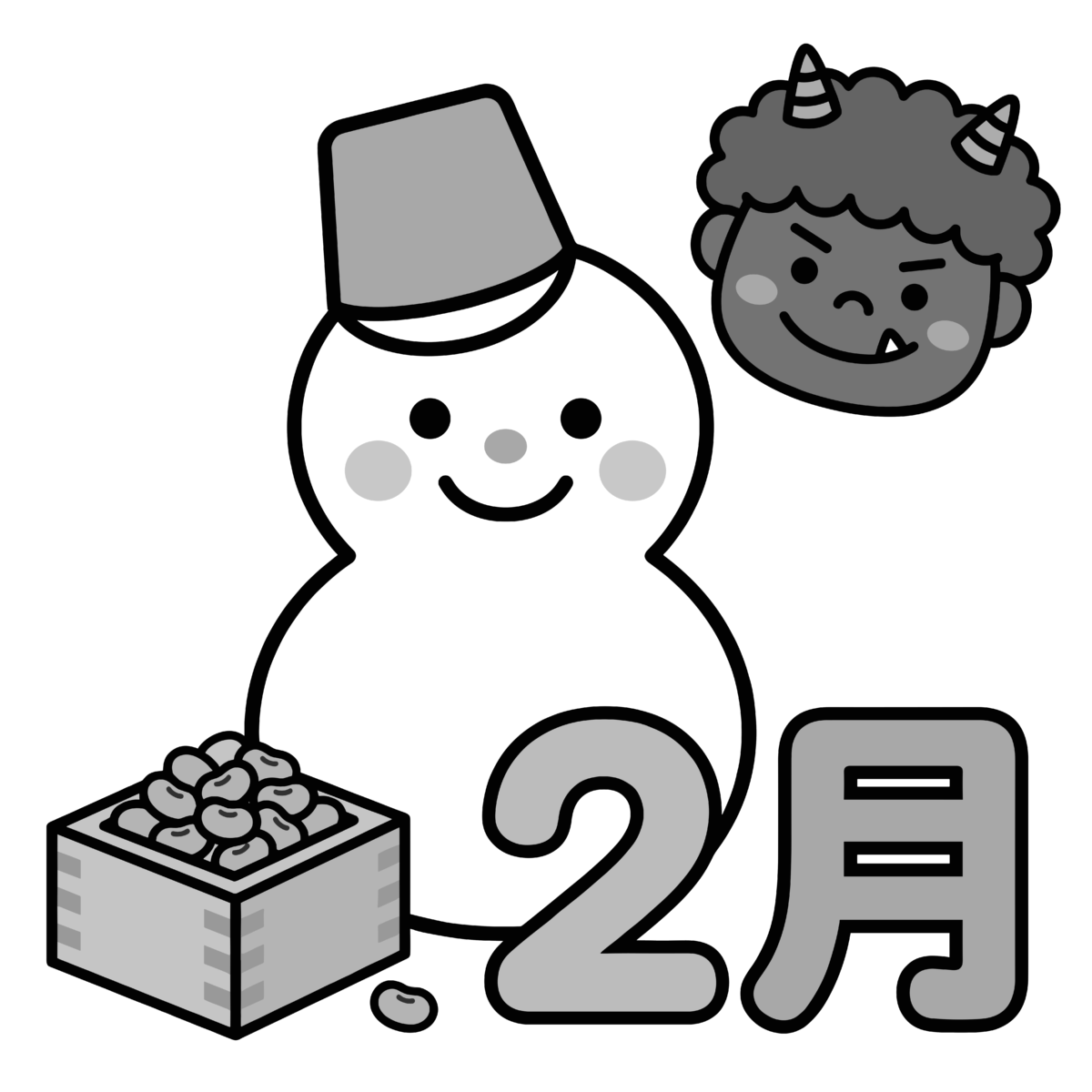 2月の節分に使える雪だるまと鬼のお面のイラスト無料ダウンロード（モノクロ）