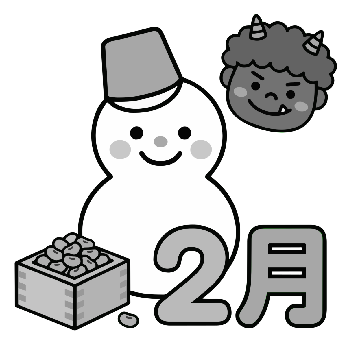 2月の節分に使える雪だるまと鬼のお面のイラスト無料ダウンロード（モノクロ）