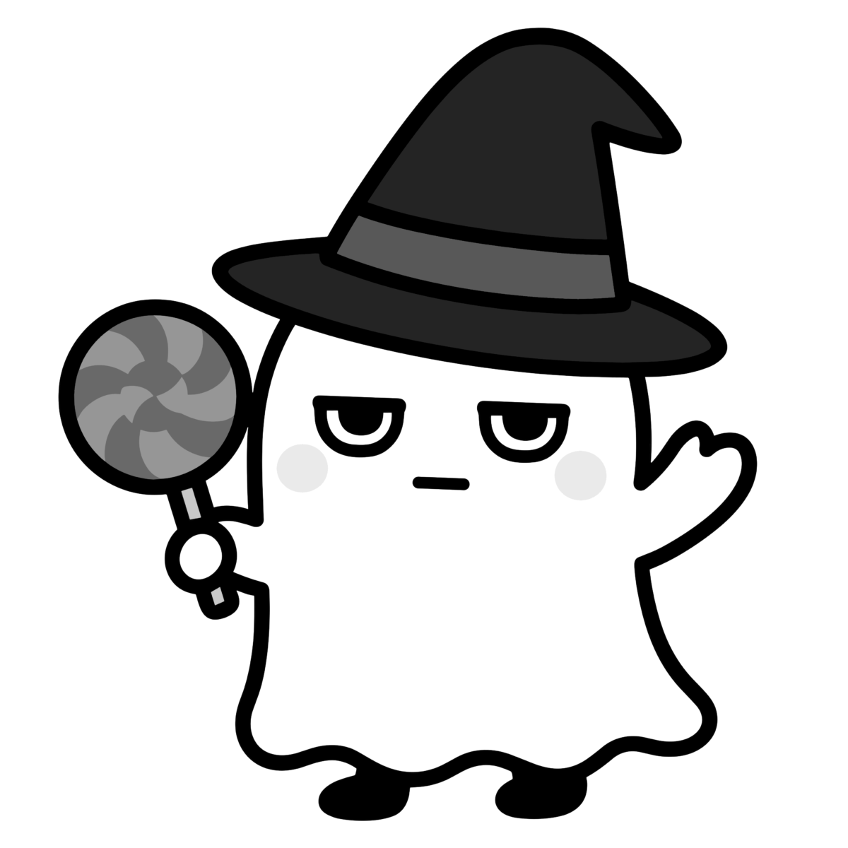 かわいい キャンディを持つ おばけのイラスト無料ダウンロード（モノクロ）